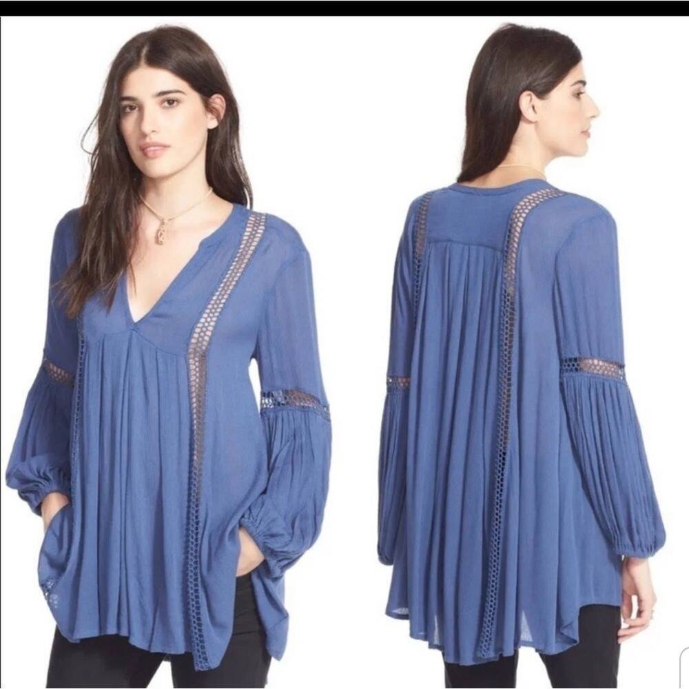 Free People Just the Two of Us Boho Tunic Top Blue Long Sleeve Small S